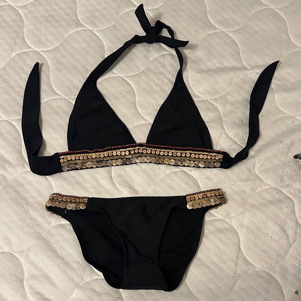 VENUS Black Bikini with Gold and Red Accents